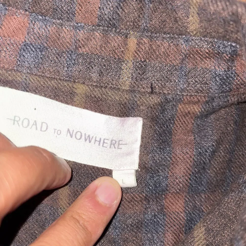 Road to Nowhere Charcoal Brown Slate Blue Organic Cotton Flannel Shirt Plaid L